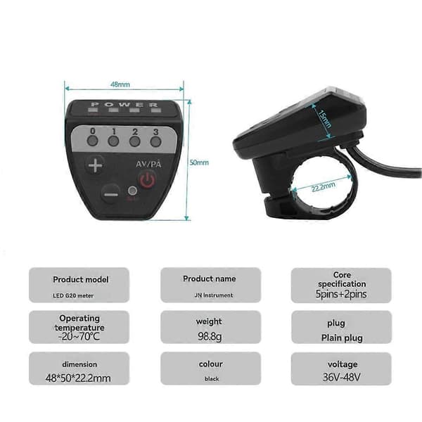 Elektrisk Cykel 36V48V LED G20 Meter Kontrolpanel Display til Elcykel 5 Pin Vandtæt Stikforbindelse Black