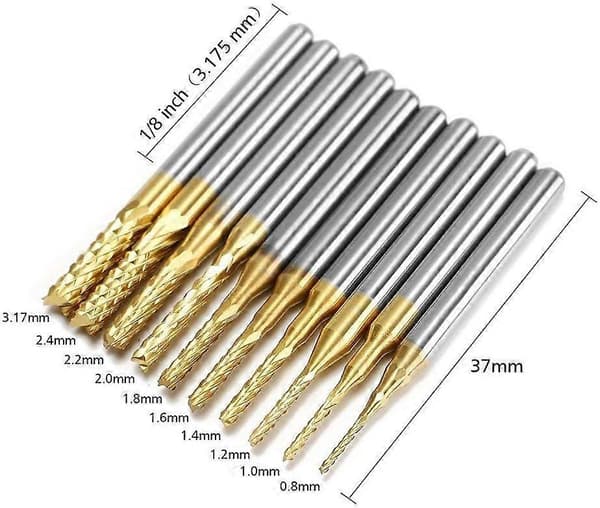 10 stk. PCB roterende fræsere titaniumbelagt hårdmetal endefræser graveringsbits sæt 1/8\" 3mm skaft borebits til CNC roterende gravering 0,8mm-3,175mm