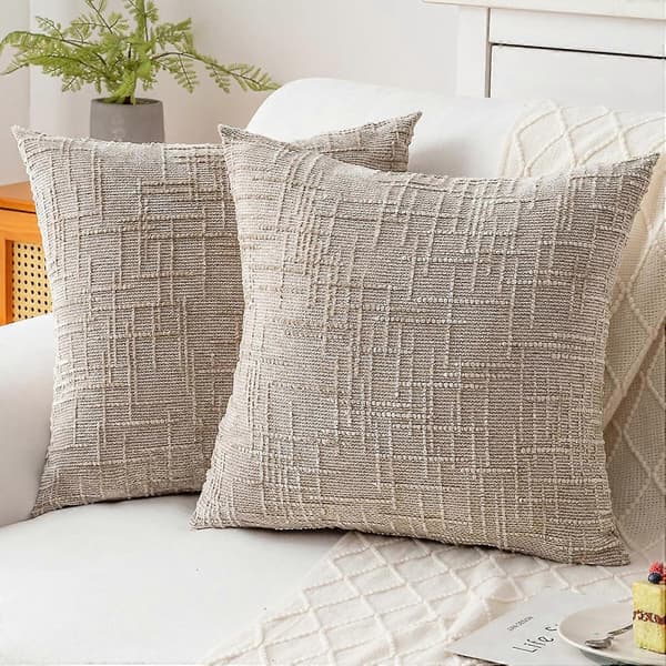 Sæt med 2 dekorative pyntepudebetræk 45 x 45 cm, bløde ensfarvede chenille sofapuder, bondegårdsstil, forårspudebetræk, lys khaki