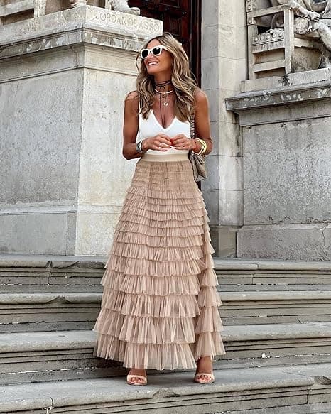 Dam Tulle Maxikjol A-linje Rynkad Mesh Hög Midja Underkjol Khaki Khaki M