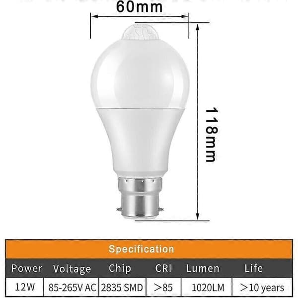 B22 LED-rörelsesensorlampa, 12W, 1020lm, kallvit, vattentät (2-pack)