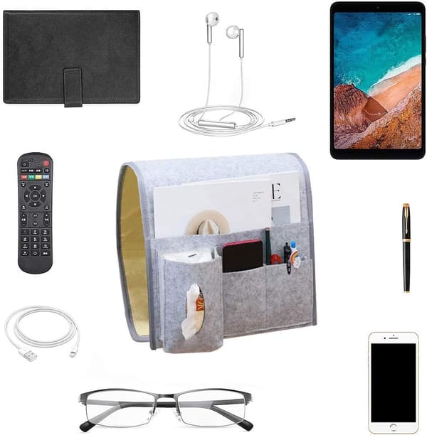 Grey Bedside Caddy, Bed Storage Pocket, Sofa Hanging Bag, Bed Storage Organizer for Phone, Remote Control, Diary, Pen, Magazine, Glasses