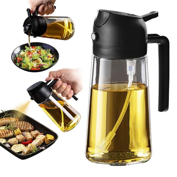 47 cl Olivenoliesprayflaske - 2 i 1 Olivenoliedispenserflaske til køkkentilbehør - Køkkenredskab til Airfryer (Sort)