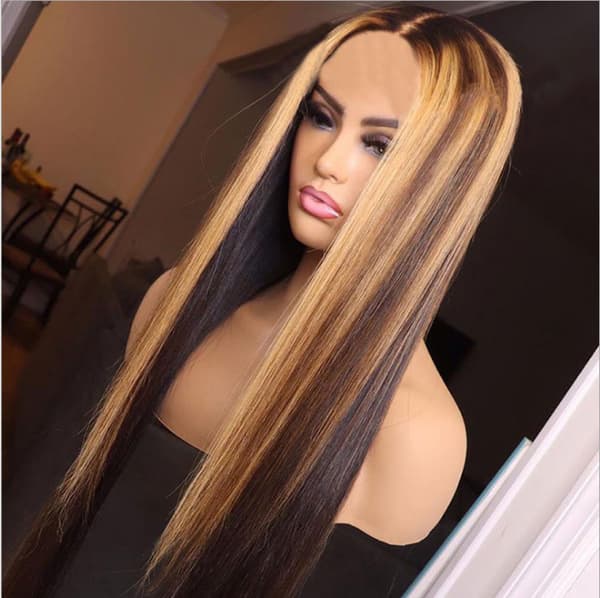 Highlights Ombre Blond Peruk för Kvinnor Syntetisk Lång Rak Hår