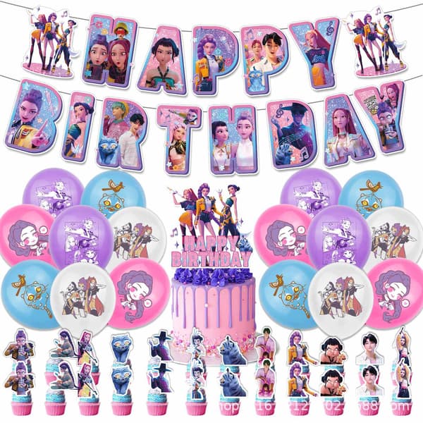 K-Pop Devil Hunter Bursdagsfest Dekorationssett - Banner, Kakepynt, Ballonger, Perfekt for Temafester for Barn - Perfekt Style 2