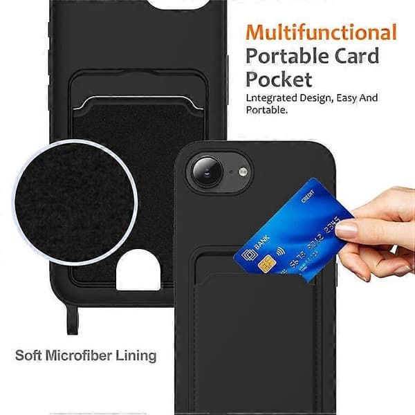 For iPhone 16e Deksel Flytende Silikon Kortholder Bakside Telefonbeskyttelse med Snor Black