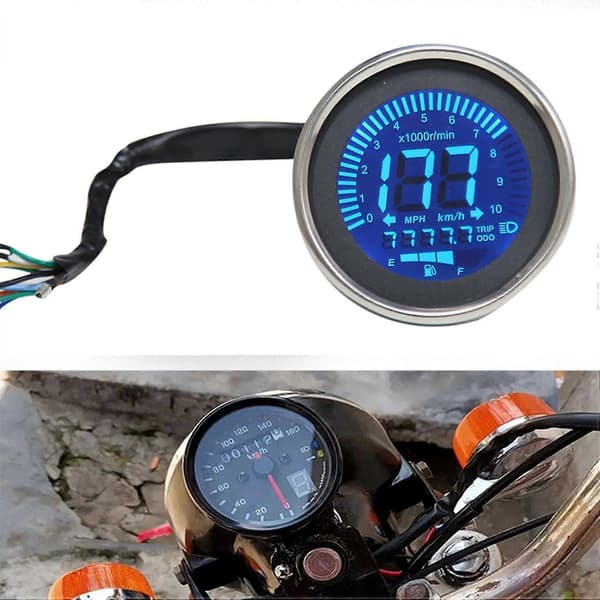 Universal Motorcykel Digitalt Speedometer Retro LCD Odometer Cafe Tachometer Indikator Scooter Atv M black  chromeplated