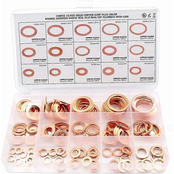 150 kopparringar - packning - brickor - packningssortimentssats - med sortimentslåda - M5, M6, M8, M10, M12, M14, M16, M18, M20, M22