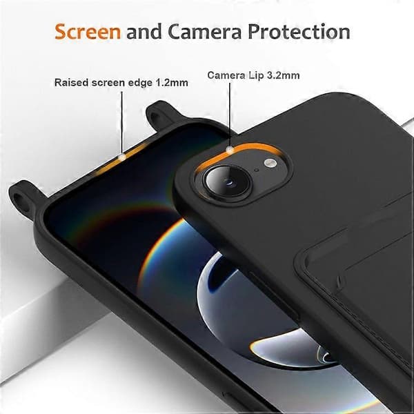 For iPhone 16e Deksel Flytende Silikon Kortholder Bakside Telefonbeskyttelse med Snor Black
