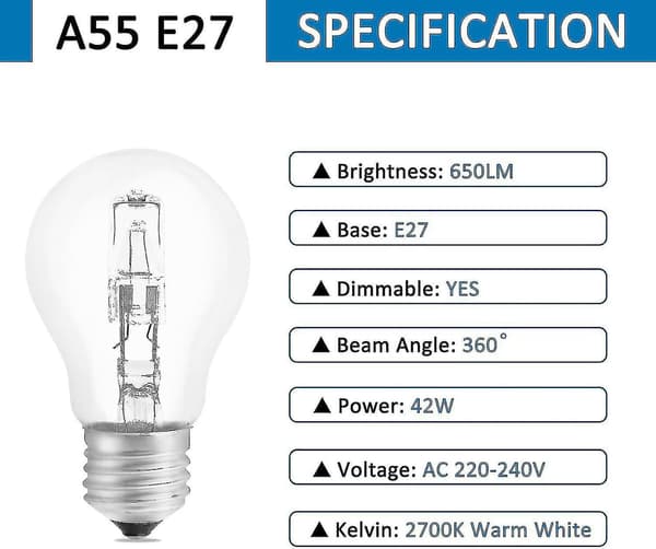 Halogenlampa E27 A55 42w Dimbar, Ac220-240v, 650lm Varmvit 2700k, Transparent E27 Halogen Globlampa, 5-pack (xq)_Billiga presenter