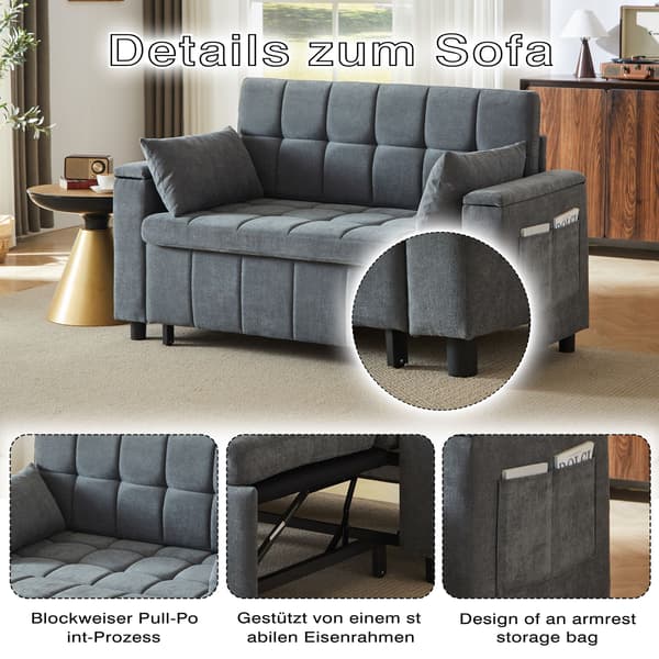 HOMAIRE 3-i-1 Chenille 2-sits soffa med förvaring, bäddfunktion och sidofickor, robust metallram, multifunktionell för vardagsrum och gästrum, grå Grå