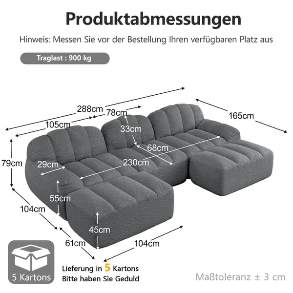 HOMAIRE 3-sits U-format modulsoffa med 2 ottomaner, grå Grå 288 x 165 x 79 cm