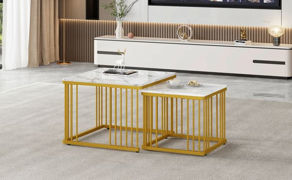 HOMAIRE WF326269AAW 2-pack soffbord i vit högblank marmorlook med guldben Vit