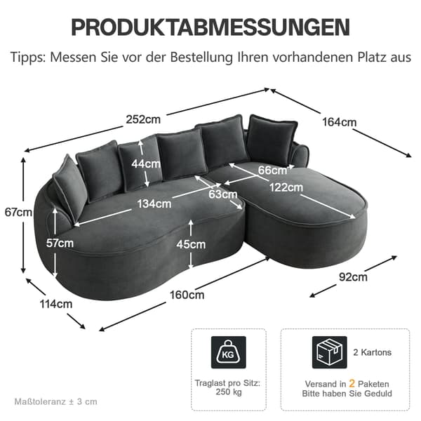 HOMAIRE L-format modulsoffa i chenille, extra djup med kuddar, grå Grå 252 x 164 x 67 cm