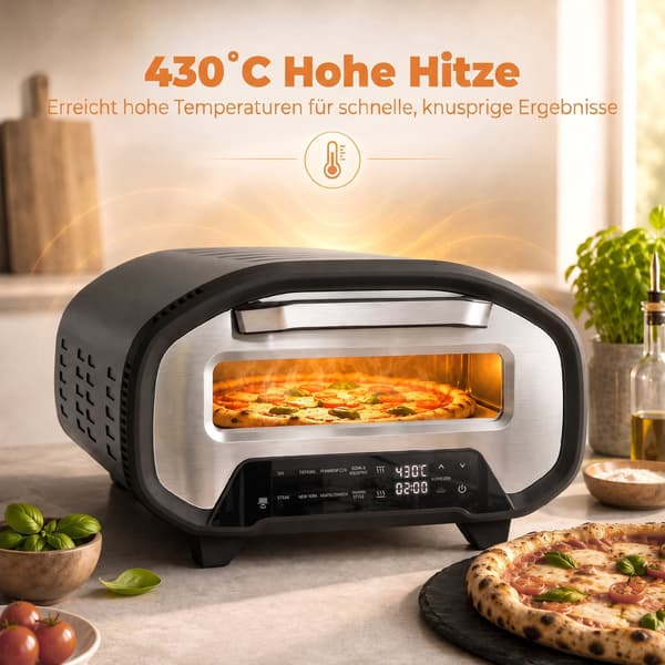 HOMAIRE Elektrisk pizzaugn 12 tum, 8 program, 430 °C, timer, keramiksten, grå Grå 46 x 49.7 x 28 cm