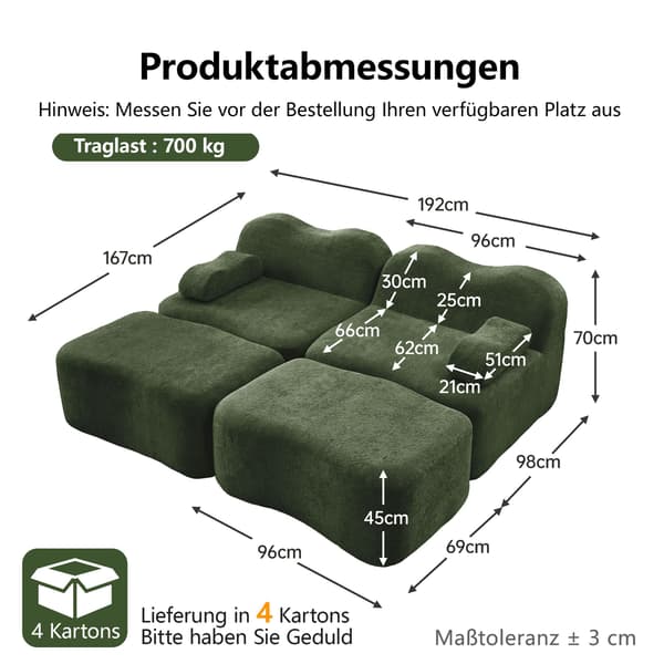 HOMAIRE 2-sits modulsoffa med 2 ottomaner, grön sammet Grön 192 x 167 x 70 cm
