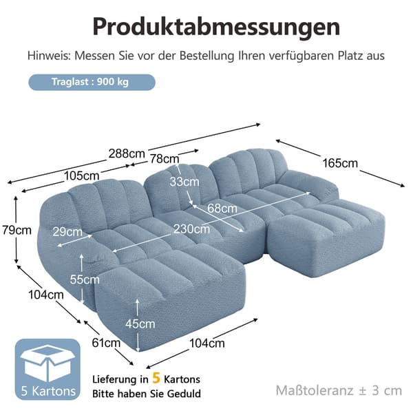 HOMAIRE 3-sits U-format modulsoffa med 2 ottomaner, blå Blå 288 x 165 x 79 cm