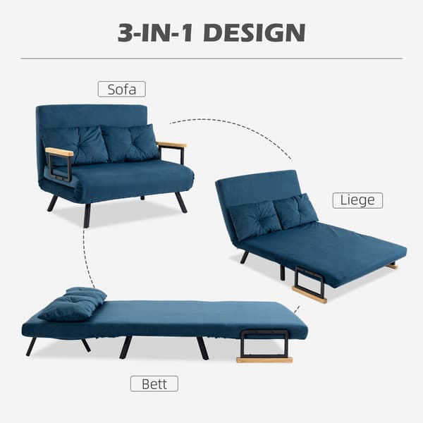 HOMAIRE 2-sits bäddsoffa i sammet med 2 kuddar, blå, justerbar ryggstöd Blå
