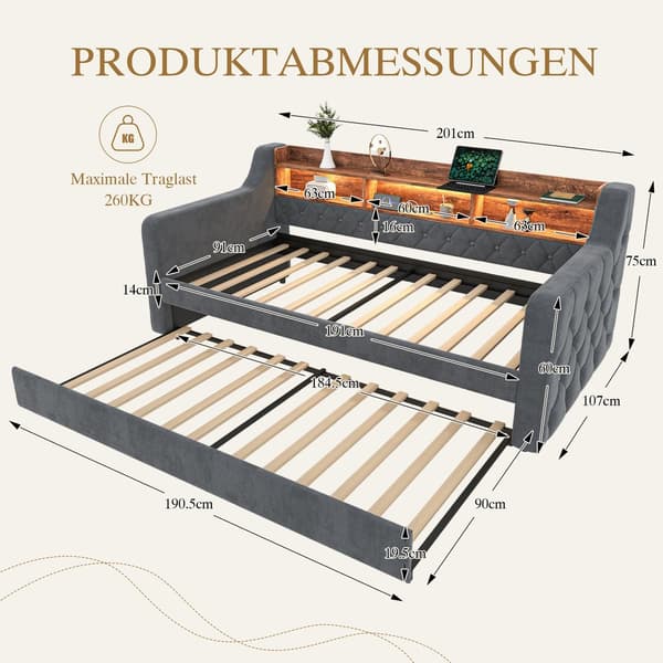 HOMAIRE Sammetsoffa med Förvaring, LED-belysning och USB-C, Mörkgrå Mörkgrå 201 x 107 x 75 cm