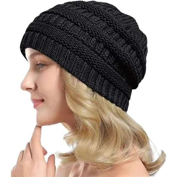 Varm stickad vintermössa med satin foder, kabelstickad beanie, tjock slouchy skull cap för kvinnor Black