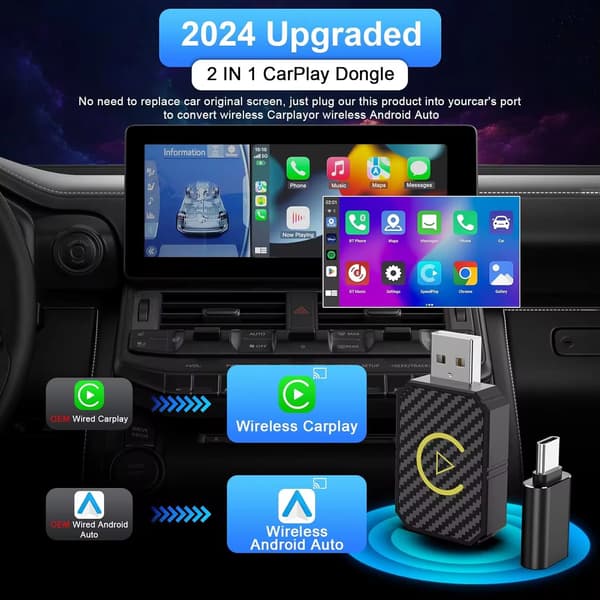Mini Trådlös Android Biladapter och Trådlös CarPlay Adapter, 2-i-1 Trådlös CarPlay Adapter för iPhone iOS 10+/Android 11+