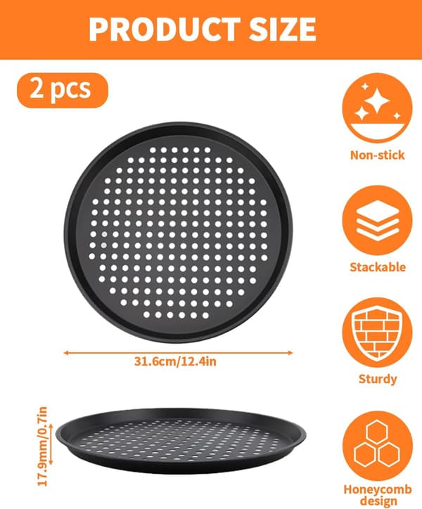 To 12-tommers perforerede non-stick pizzabakker, perforerede bageplader i kulstofstål til ovne, runde bageforme.