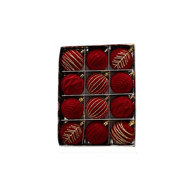 Röda Flockade Målade Julkulor 6cm 12-pack
