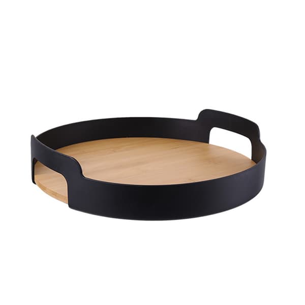 Ottoman Bricka, Serveringsbricka med Handtag, Rustika Runda Träbrickor, Soffbordsbricka, Moderna Serveringsbrickor i Bambu, Ottoman Brickor i Trä. Black