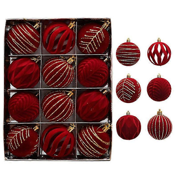 Röda Flockade Målade Julkulor 6cm 12-pack