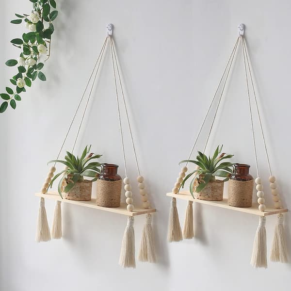 2-pack Träväggfästen - Macrame Hängande Växtställ med Tofsar