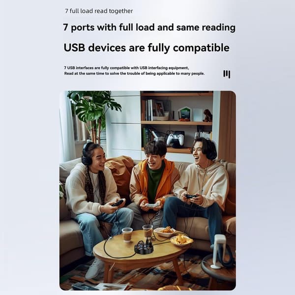 USB 2.0 Multi-Port Hub-adapter — 5 Gbps høyhastighets USB-utvider (med strømadapter), for stasjonære og bærbare datamaskiner — 7 porter, 1,2 m kabellengde