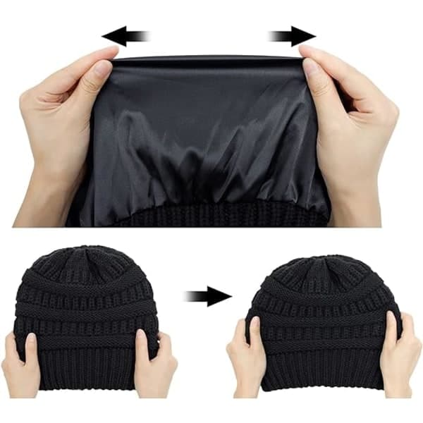 Varm stickad vintermössa med satin foder, kabelstickad beanie, tjock slouchy skull cap för kvinnor Black