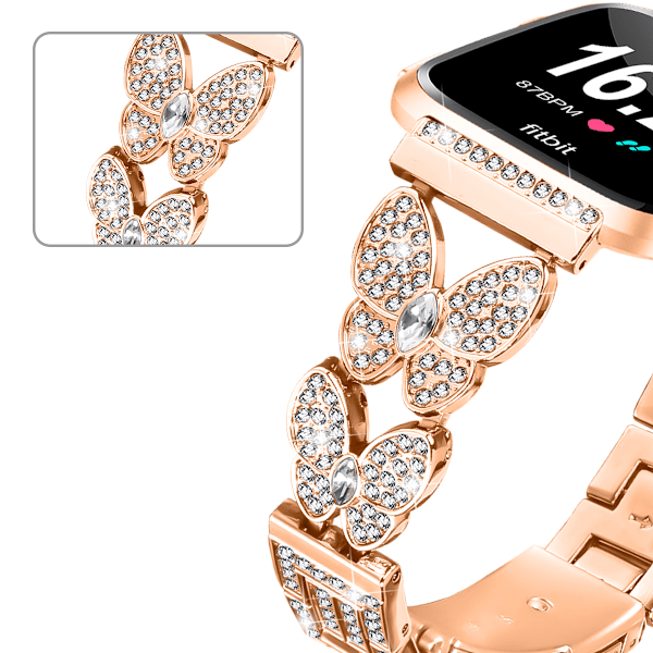 Rosegull Dobbel Sommerfugl-lås Diamant Innlagt Klokkerem for Fitbit Versa