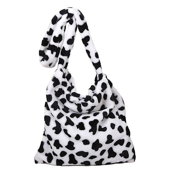Cow Print Skuldertasker Plys Satchel Casual Crossbody Tasker Retro Tote Håndtaske Black and White