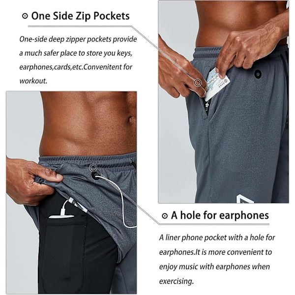 2 i 1 löparshorts med telefonficka Gym Workout Snabbtorka herrshorts 5 tum Grey Grey Medium