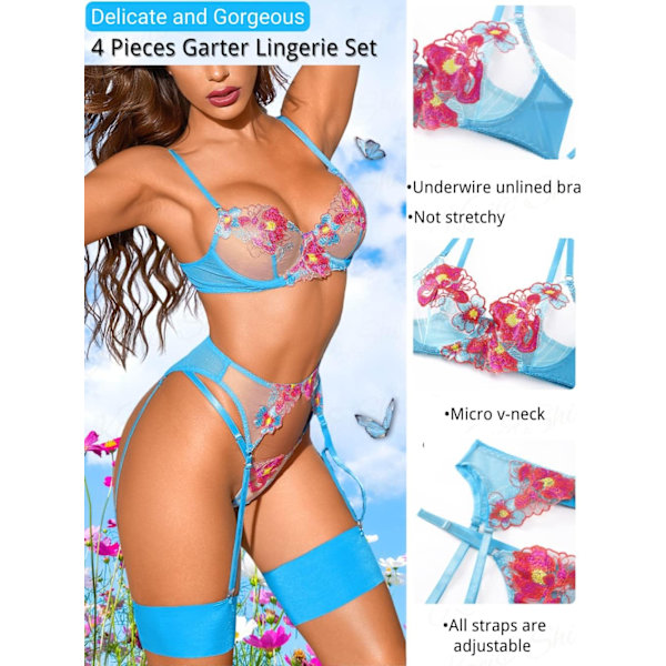 Blomstrete Broderi, Bøyle, T-String, Strømpebånd, 4-Delt Undertøy Blå Blue 2XL