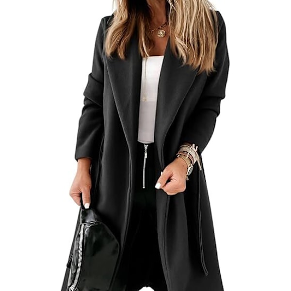 Damekåbe med reverskrave, åben front, bælte og lang jakke sort black XL