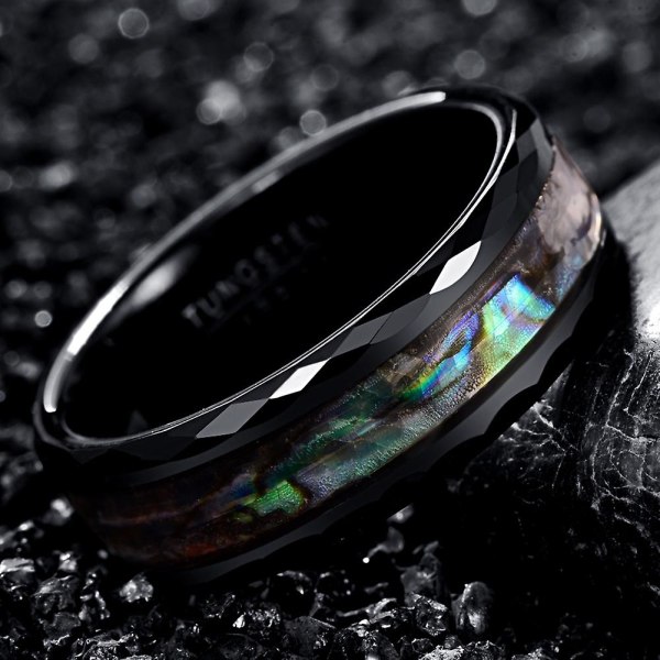 8mm Abalone Shell Tungsten Ringer For Menn Kvinner Svart Bryllup Band Fasettkant 14