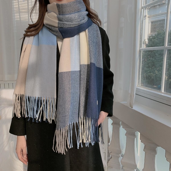 Shxx Lang ruteteteppe for kvinner Chunky Oversized Varmt skjerf for vinter/høst, stort tartanskjerf Wrap sjal A1017-121 Blue