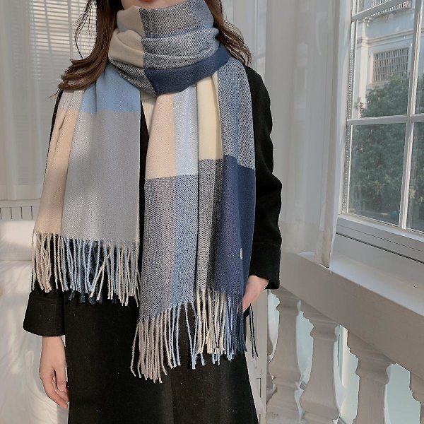 Shxx Lång Rutig filt för kvinnor Chunky Oversized Vinter/höst Varm Scarf Stor Tartan Scarves Wrap Sjal A1017-121 Blue
