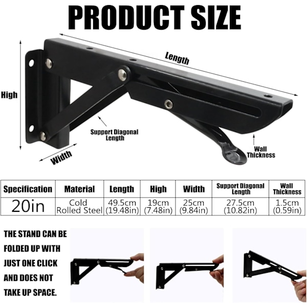 Sammenleggbar konsoll 500mm, kraftig sammenleggbar konsoll 2 stk, sammenleggbar veggkonsoll 150 kg last