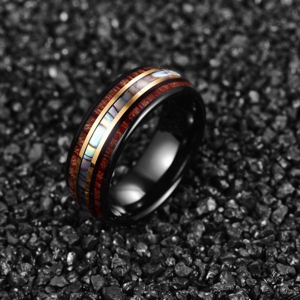 8 mm svart guld infällt träkorn Abalone Shell Tungsten Carbide Ring Herrmode Bröllopssmycken 11