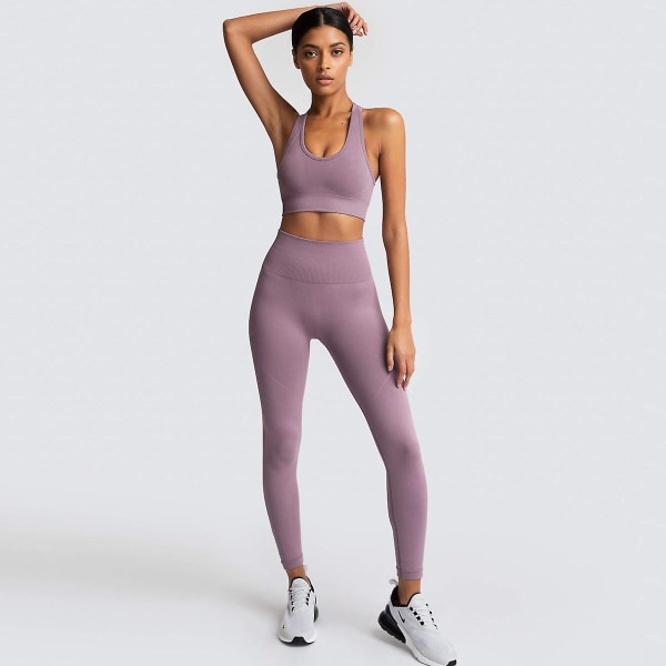 Sömlös stickad yoga bär kvinnors sport bh väst leggings set Light Purple M