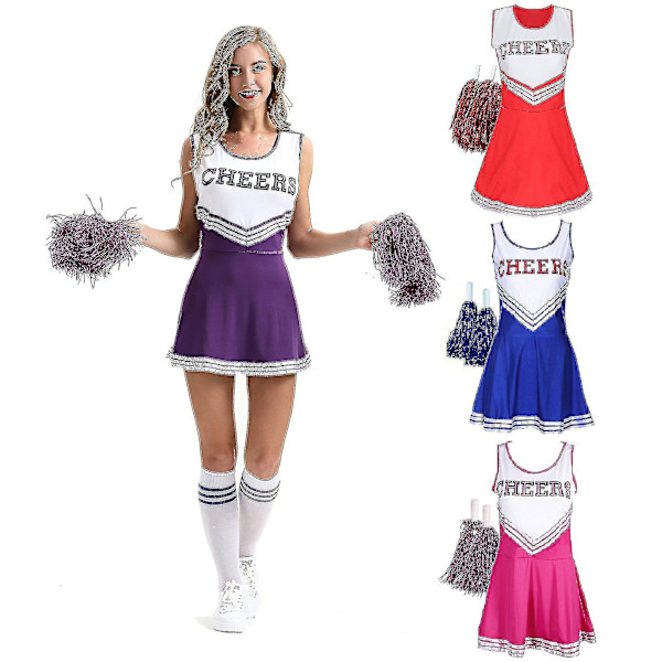 Cheerleading-uniformer for kvinner Voksen cheerleader-antrekk med pompoms til utkledning Fest Sportsspill Rose S