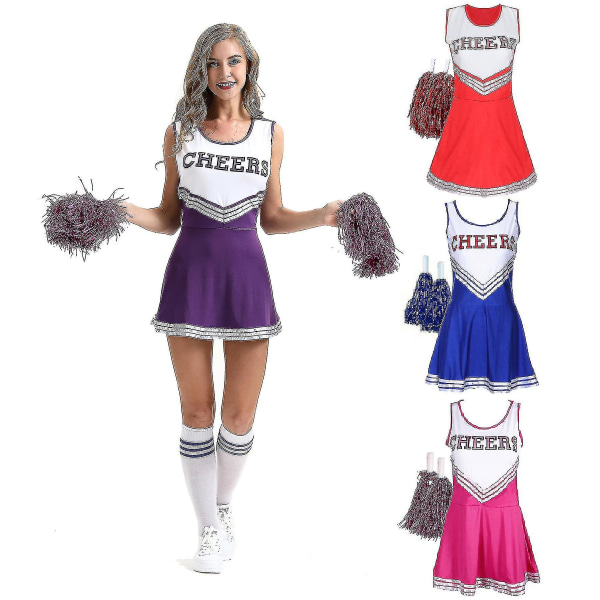 Cheerleading uniformer för kvinnor vuxen Cheerleader outfit med pom poms för påklädning Party Sportspel Rose S