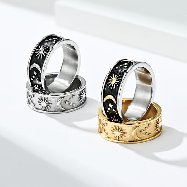 Unisex Ring Stjärna Måne Soldekoration Män Kvinnor Utsökt Rund Bohemian Ring För Bröllop Black and Gold Black and Gold US 9