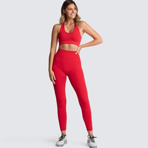 Sömlös stickad yoga bär kvinnors sport bh väst leggings set Red Red S