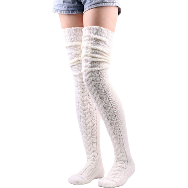 Mode Varma Vinter Stickade Strumpor Kvinnor Över Knä Lång Lår Hög Boot Mjuka strumpor White 85cm