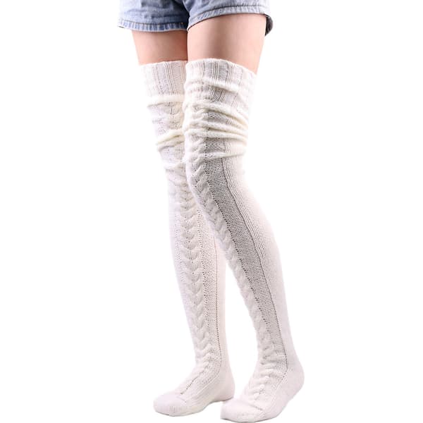 Mode Warm Vinter Strikkede Sokker Kvinder Over Knæ Lange Lår Høj Boot Bløde Strømper White 85cm