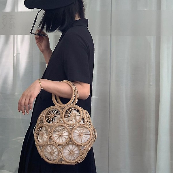Stråvævet taske Top-håndtag hul håndtaske Retro sommer strandtasker Rattan taske Brown